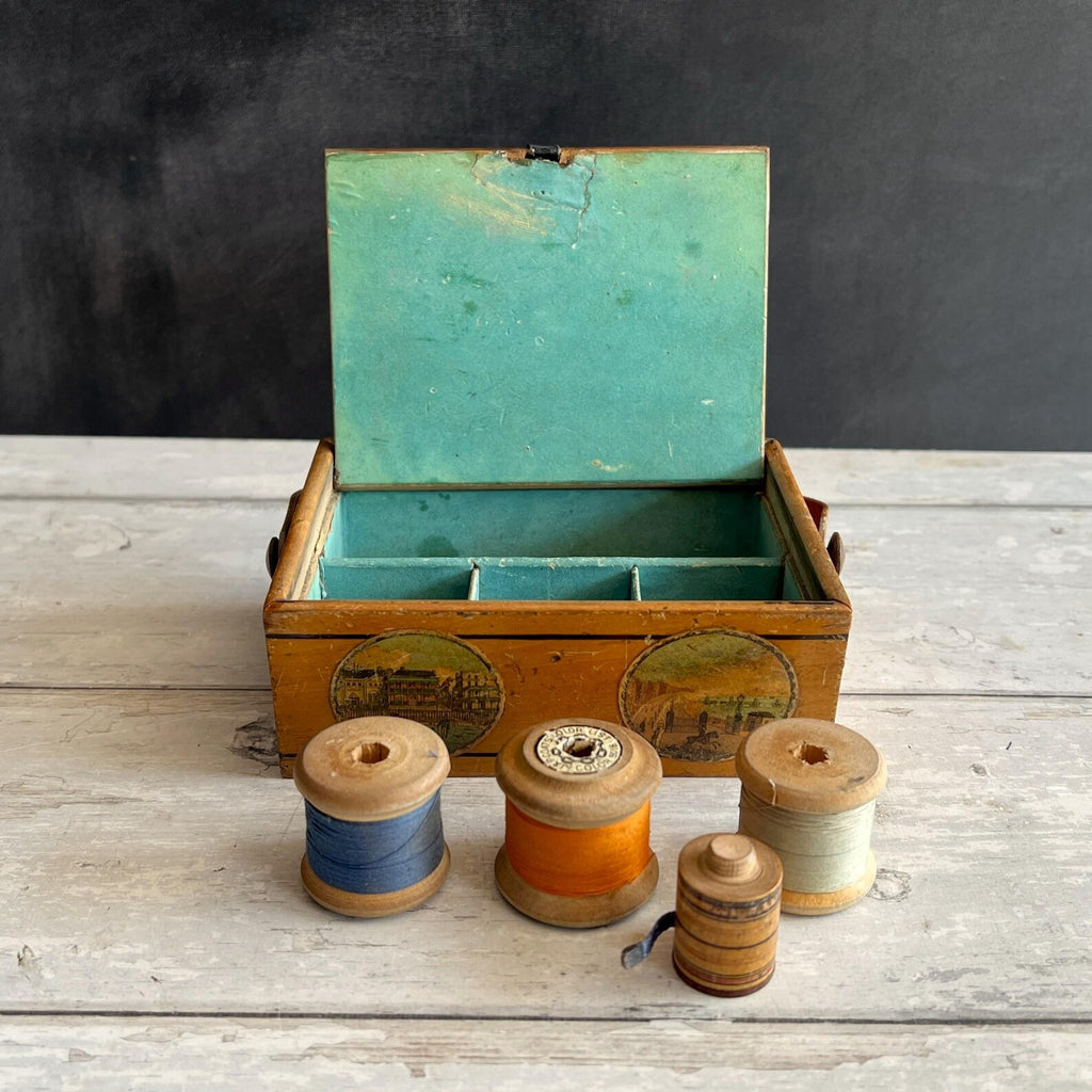 Antique Tunbridge Ware Sewing Pannier Box Brighton Suspension Pier Promenade Steine House C 1826