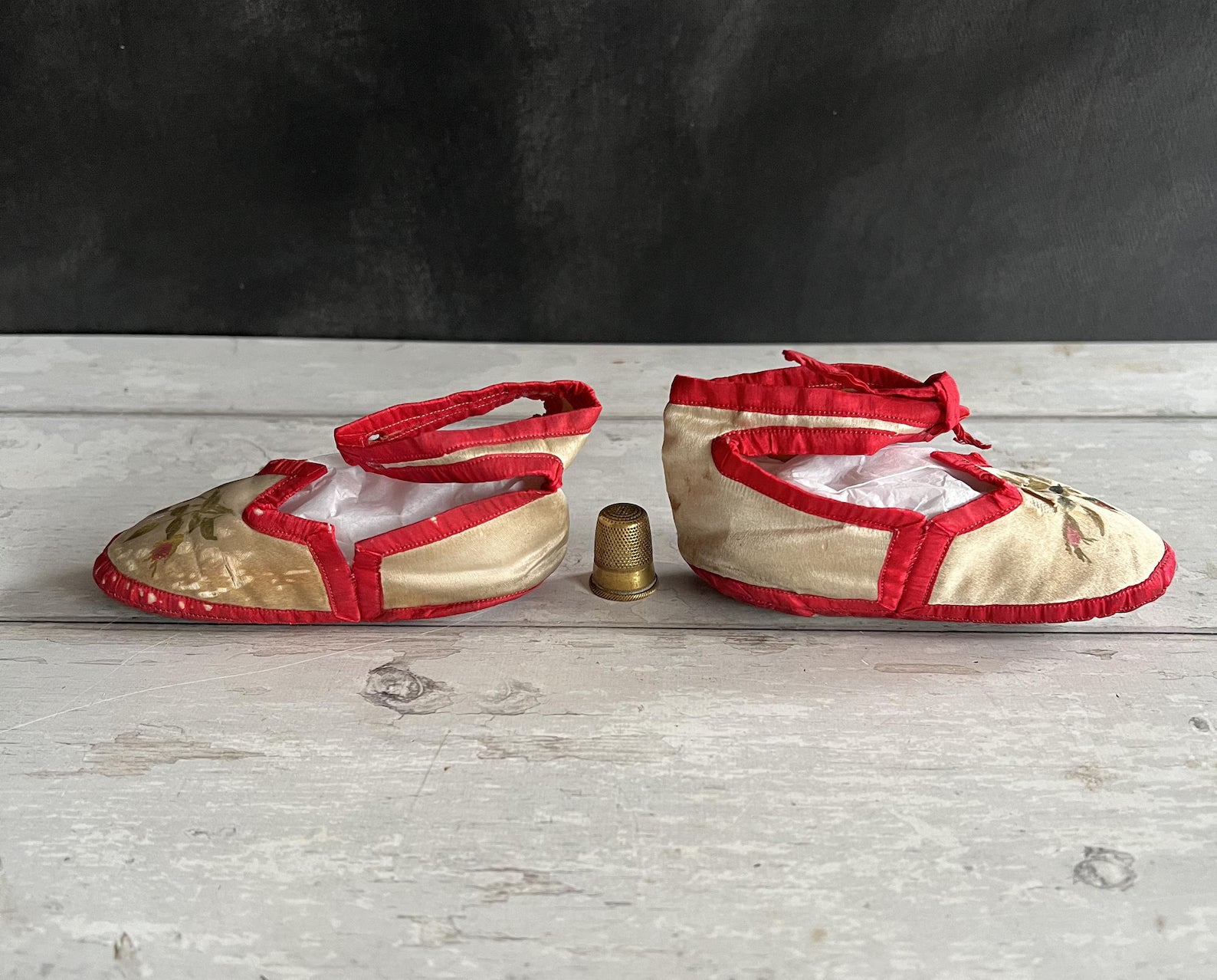 Antique Victorian Silk Baby Shoes Hand Painted Roses C 1880 AF