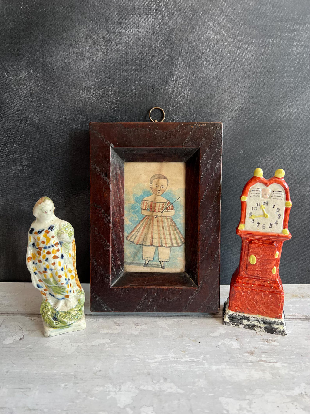 19th Century English Naive School Miniature Child In Portrait Tartan Dress C 1840