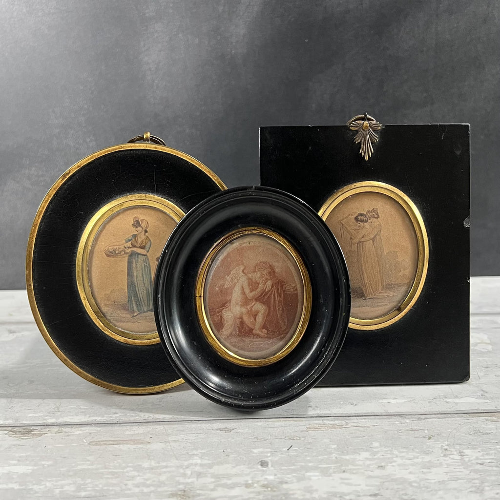 19th Century Miniature Stipple Engraving Ladies Tambour Embroidery Regency C 1810