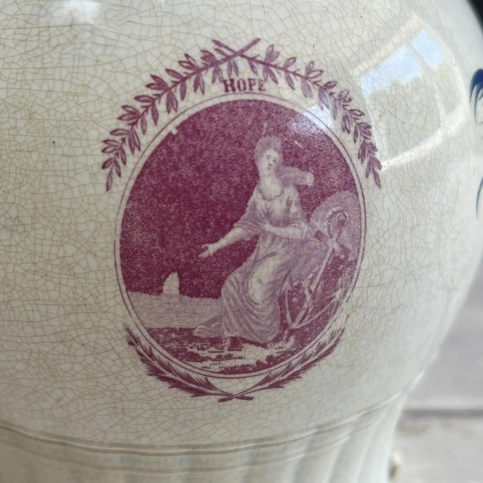 Pearlware Jug Pitcher Puce Transferware Faith Hope and Charity C 1800