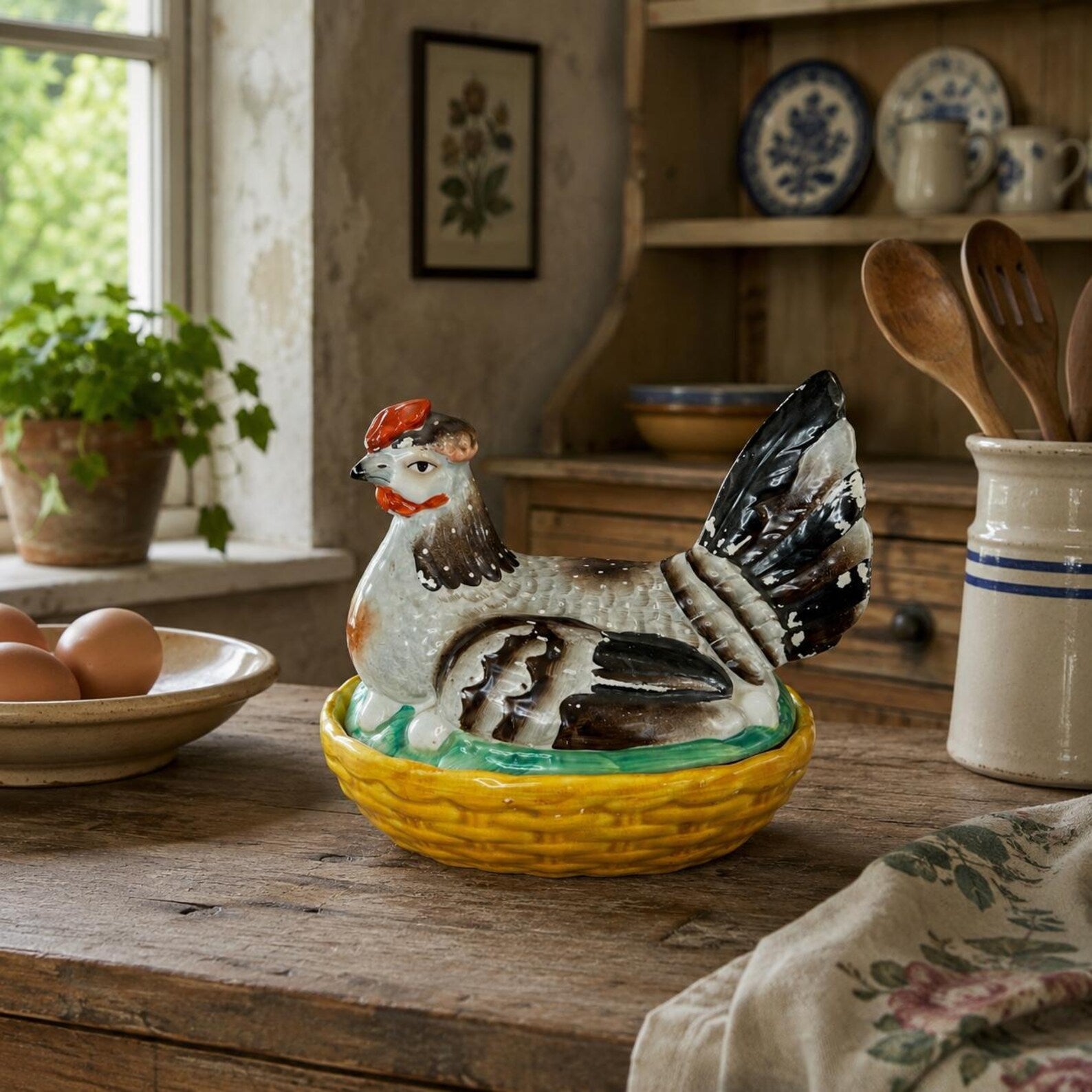 Antique Large Staffordshire Hen On Nest Egg Holder Chickens English C 1890
