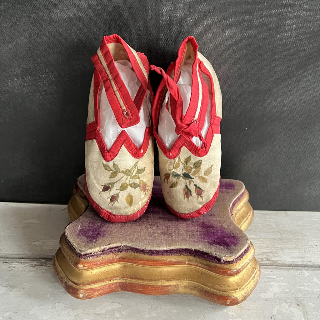 Antique Victorian Silk Baby Shoes Hand Painted Roses C 1880 AF