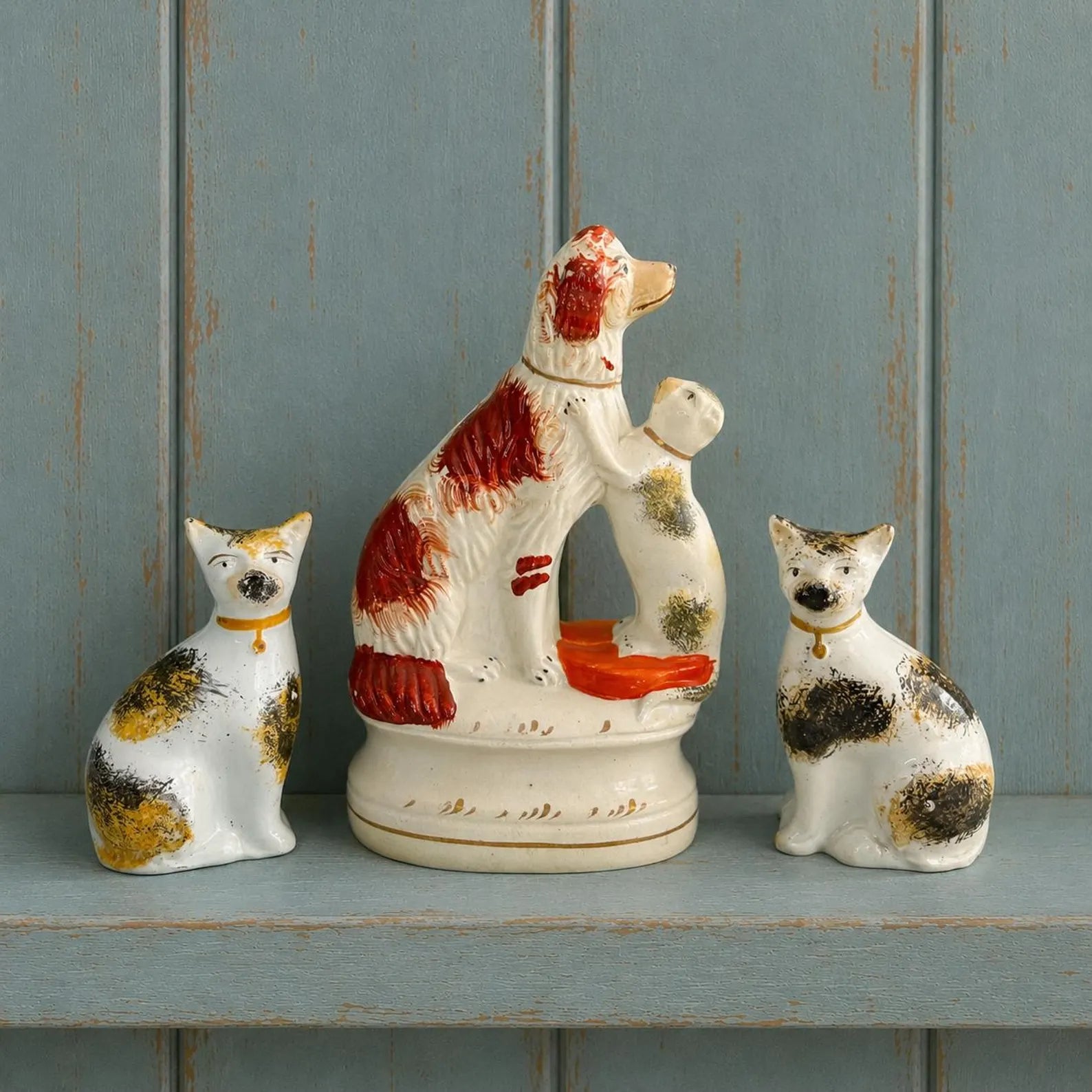 Staffordshire Figure Cat and Dog Sponge Wear Decorated RARE C 1870