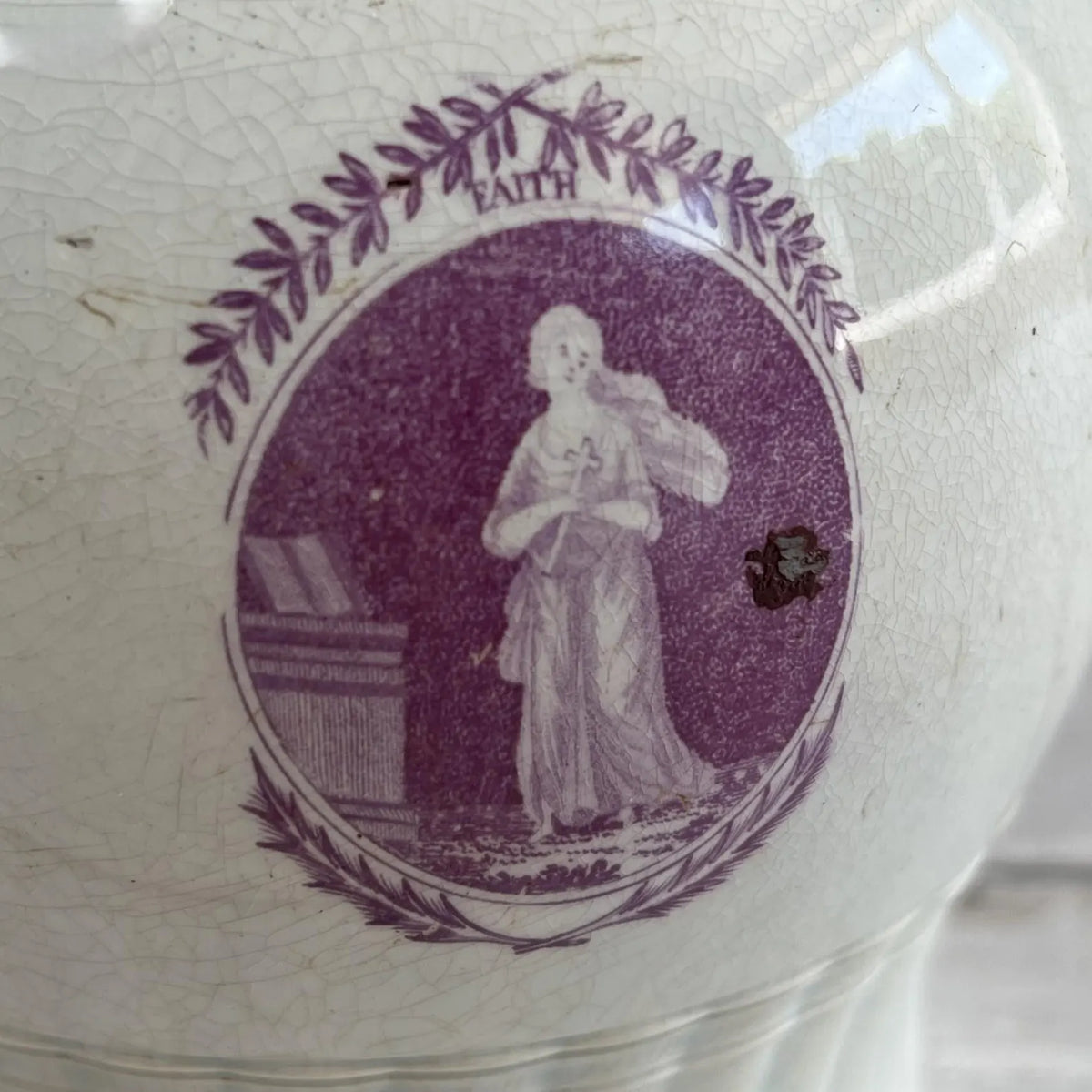 Pearlware Jug Pitcher Puce Transferware Faith Hope and Charity C 1800