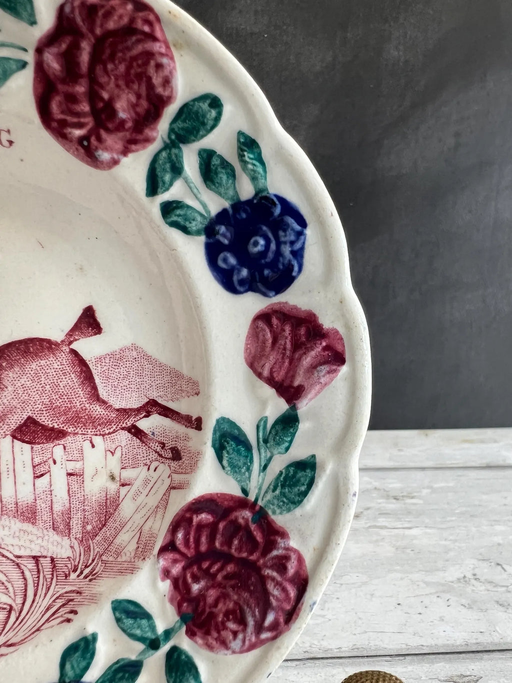 19th Century Childs Nursery Ware Plate Equine Horse Steeplechase Circa 1820 RARE Transferware Point to Point