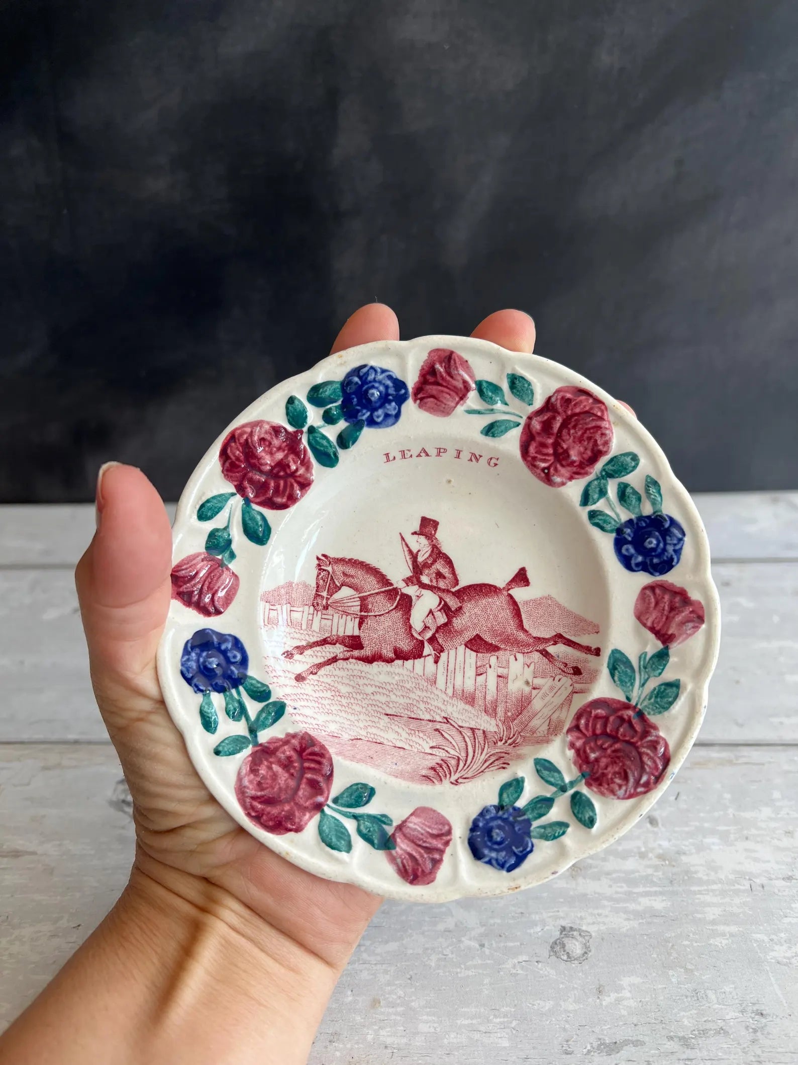19th Century Childs Nursery Ware Plate Equine Horse Steeplechase Circa 1820 RARE Transferware Point to Point