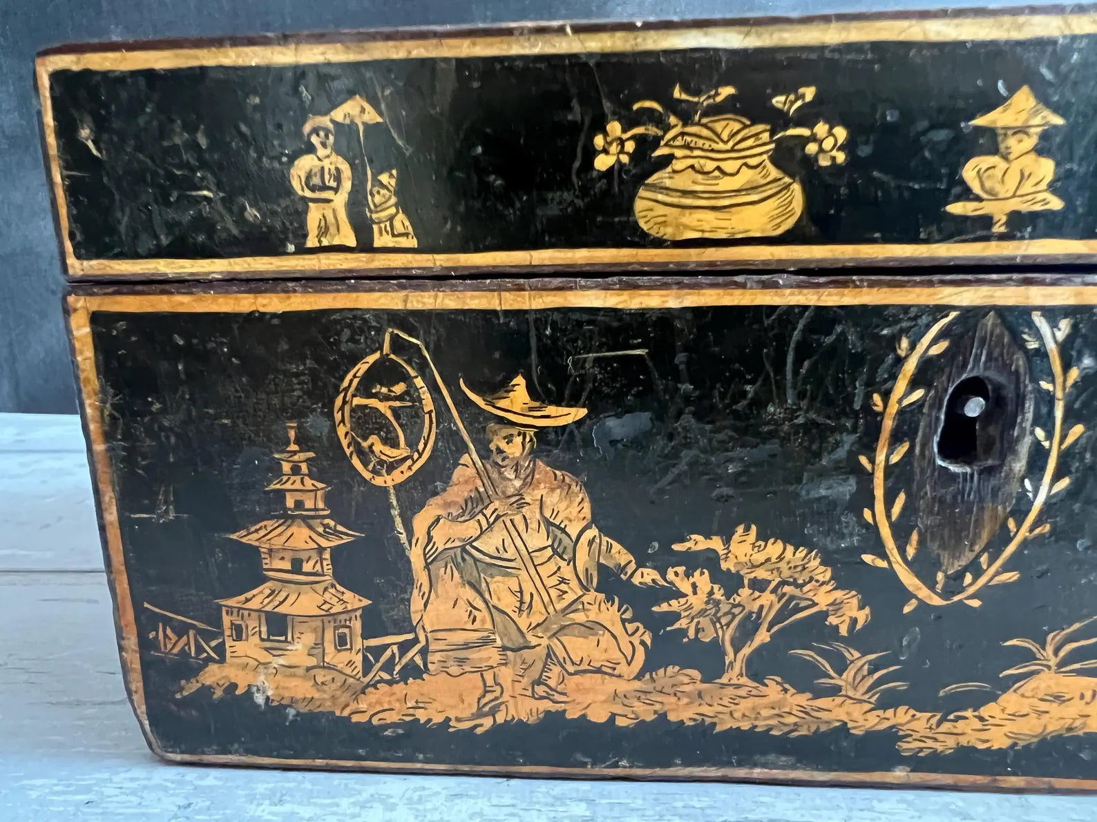 Regency Penwork Box Chinoiserie Lacquered Scene English C 1820