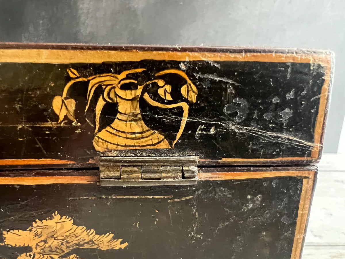 Regency Penwork Box Chinoiserie Lacquered Scene English C 1820