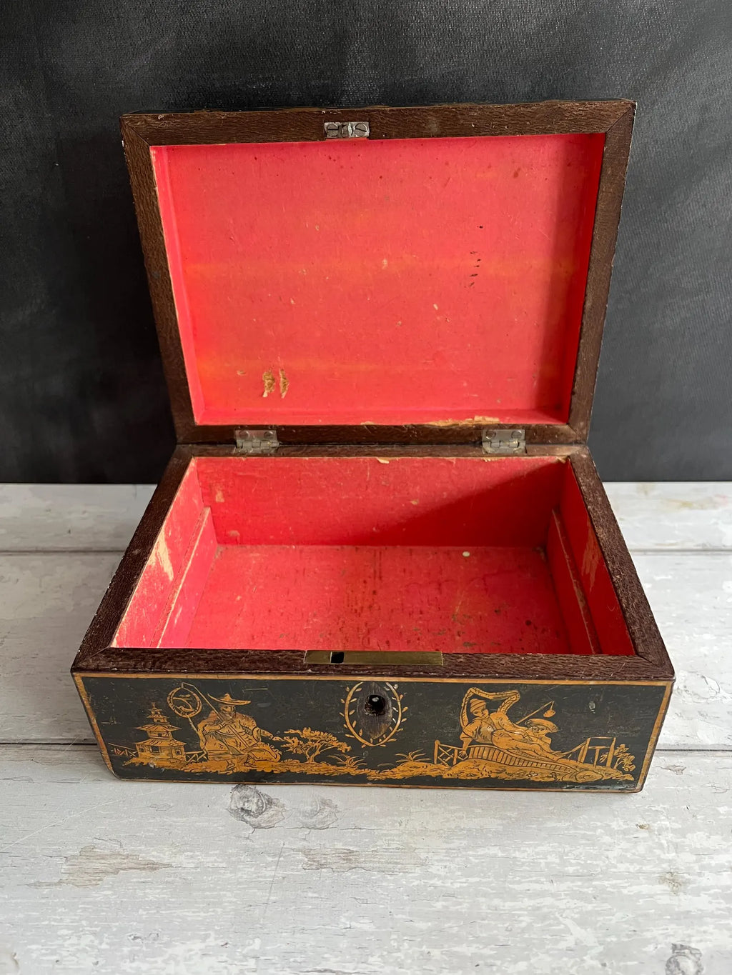 Regency Penwork Box Chinoiserie Lacquered Scene English C 1820