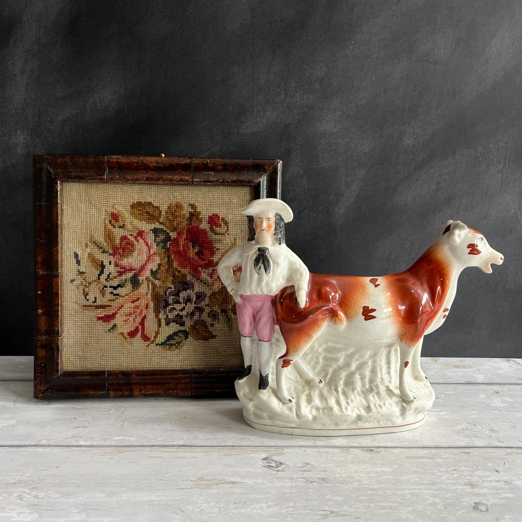 Antique Staffordshire Cow Creamer Farm Girl Aesthetic C 1870 AF