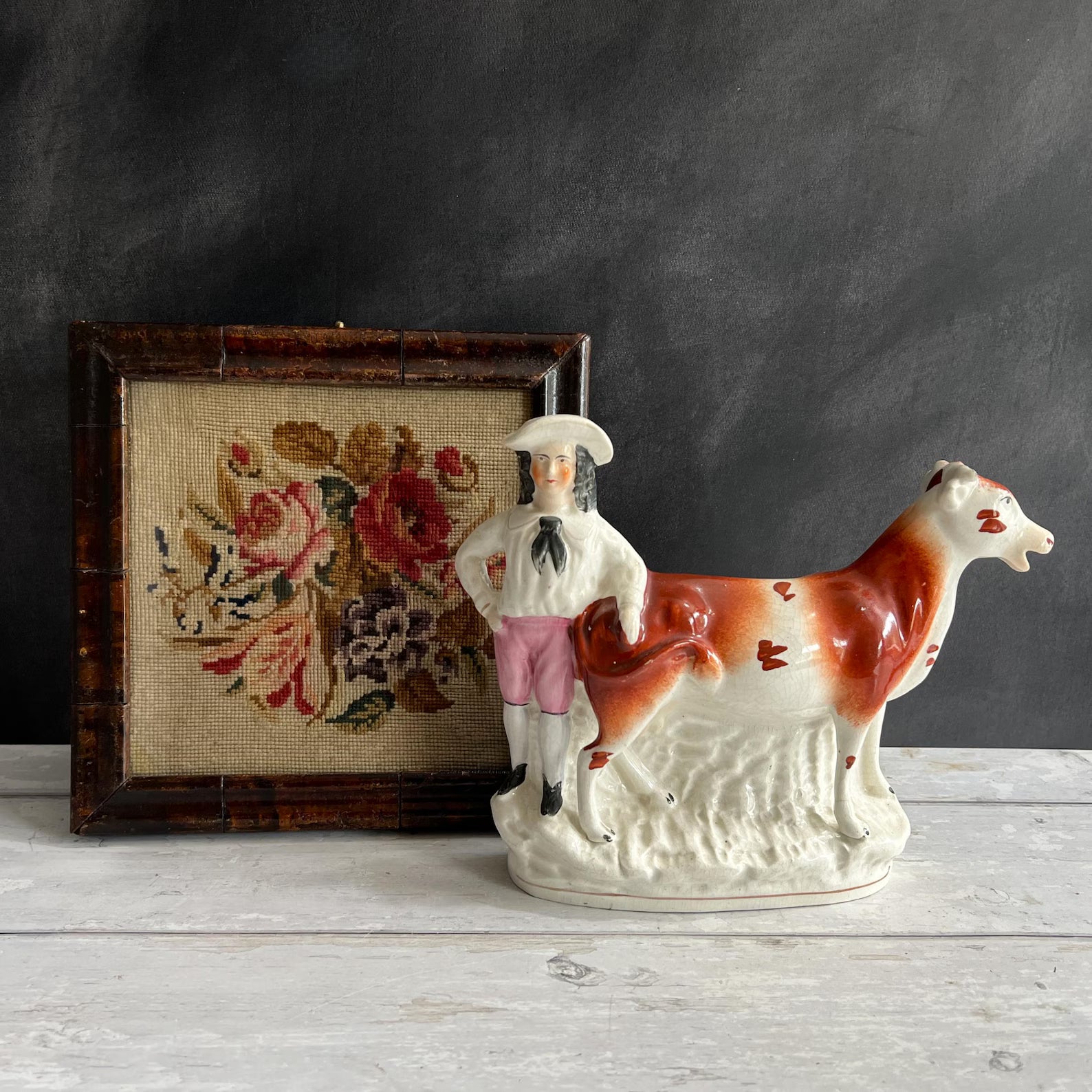 Antique Staffordshire Cow Creamer Farm Girl Aesthetic C 1870 AF