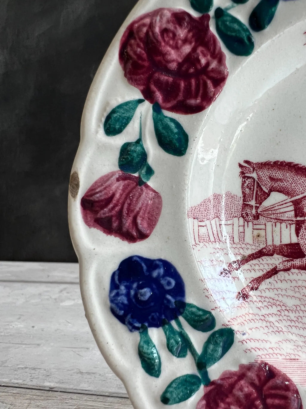 19th Century Childs Nursery Ware Plate Equine Horse Steeplechase Circa 1820 RARE Transferware Point to Point