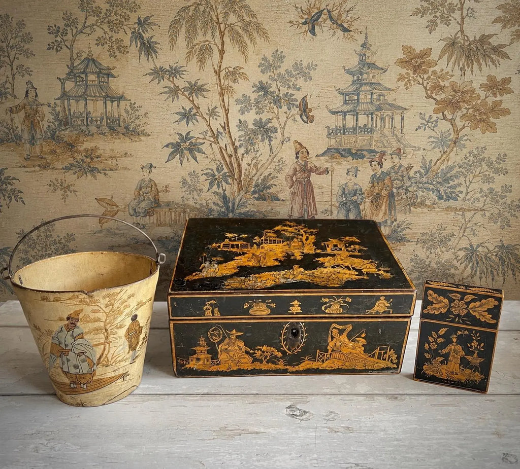 Regency Penwork Box Chinoiserie Lacquered Scene English C 1820