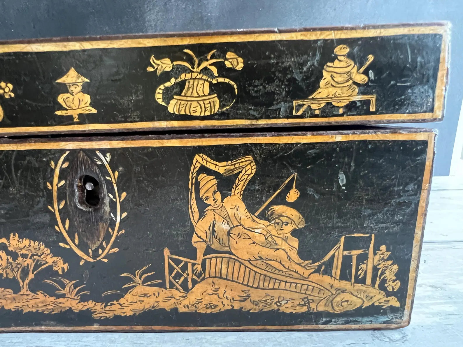 Regency Penwork Box Chinoiserie Lacquered Scene English C 1820