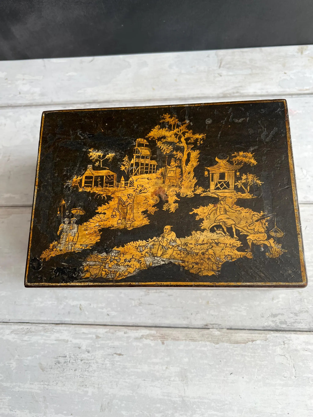 Regency Penwork Box Chinoiserie Lacquered Scene English C 1820