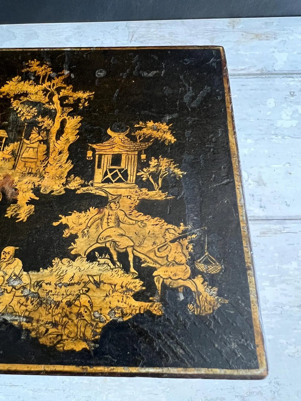 Regency Penwork Box Chinoiserie Lacquered Scene English C 1820