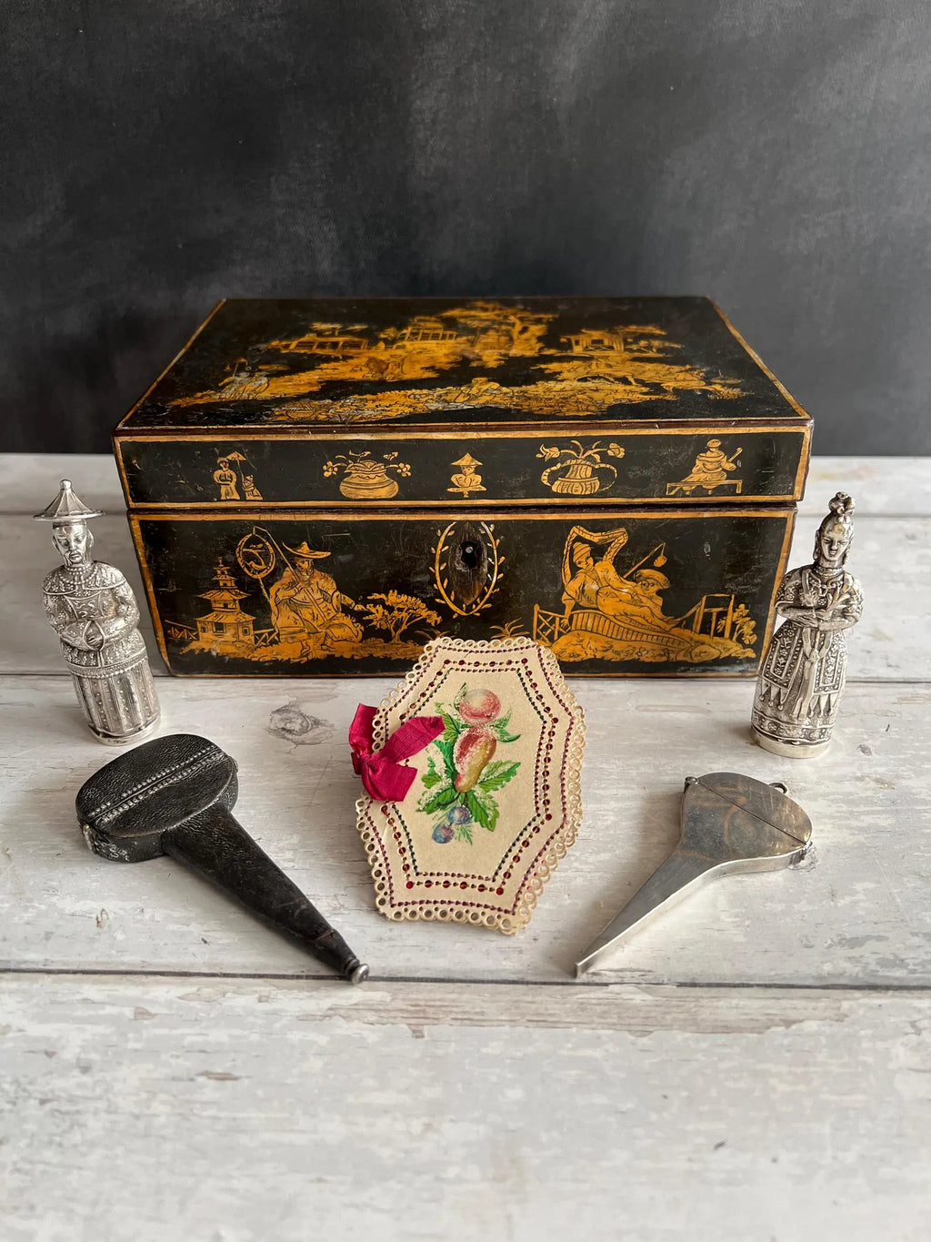 Regency Penwork Box Chinoiserie Lacquered Scene English C 1820