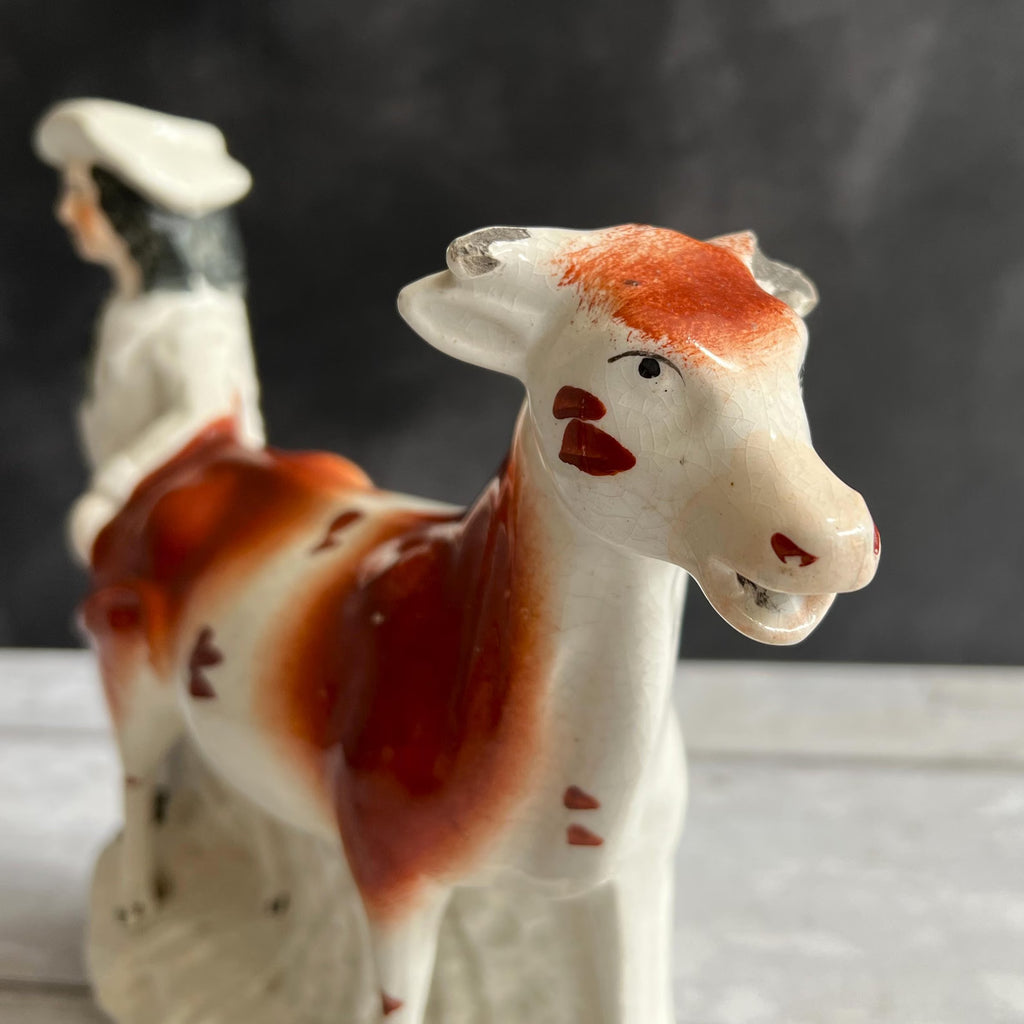 Antique Staffordshire Cow Creamer Farm Girl Aesthetic C 1870 AF