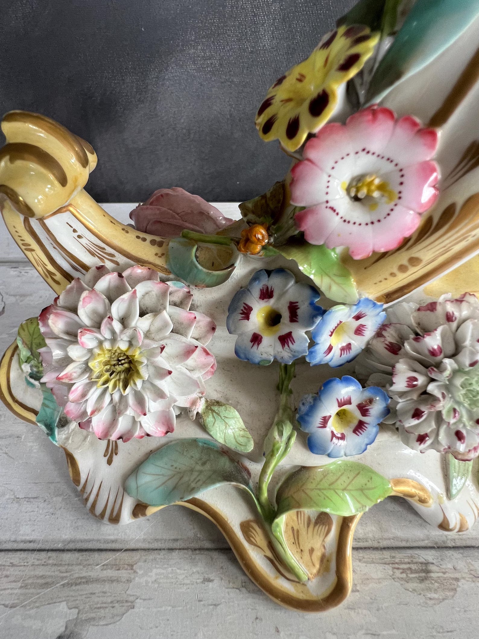 Antique Pair Coalbrookdale Coalport Porcelain Applied Decoration Floral Cornucopia Vases English C 1830 AF