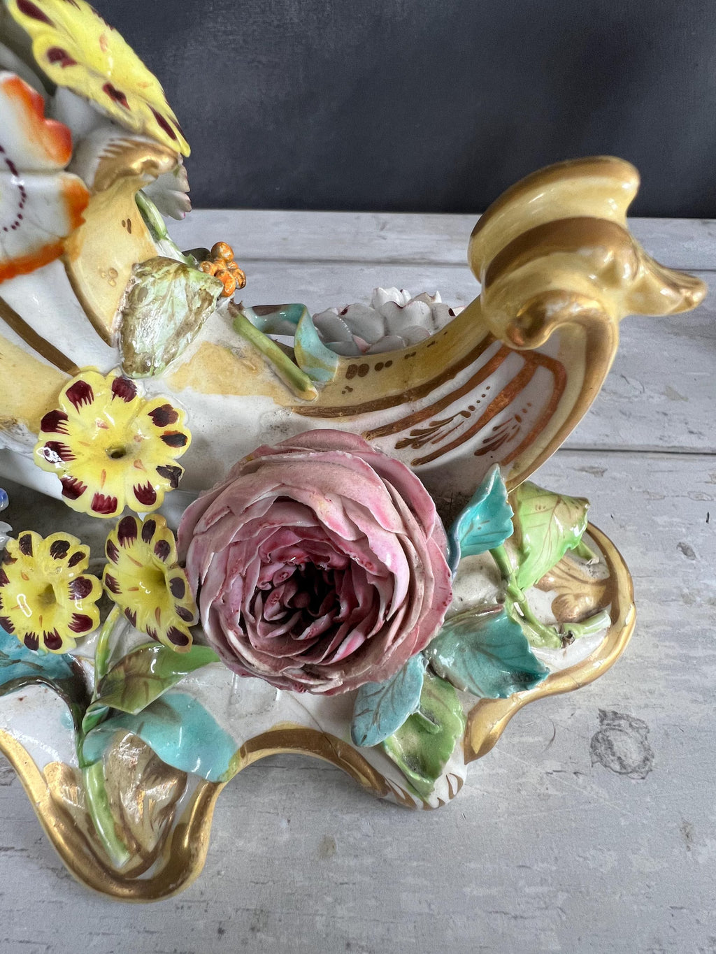 Antique Pair Coalbrookdale Coalport Porcelain Applied Decoration Floral Cornucopia Vases English C 1830 AF