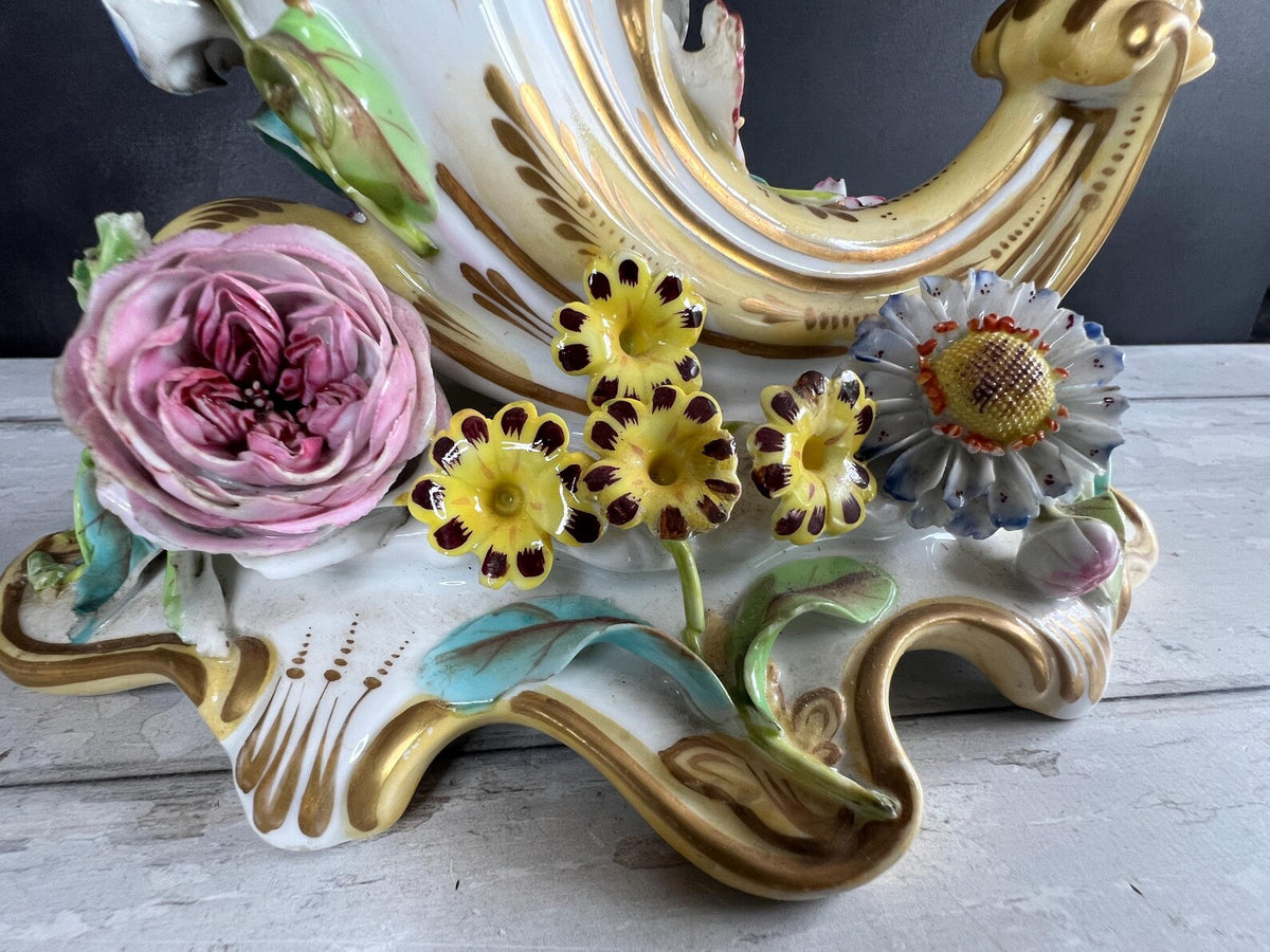 Antique Pair Coalbrookdale Coalport Porcelain Applied Decoration Floral Cornucopia Vases English C 1830 AF