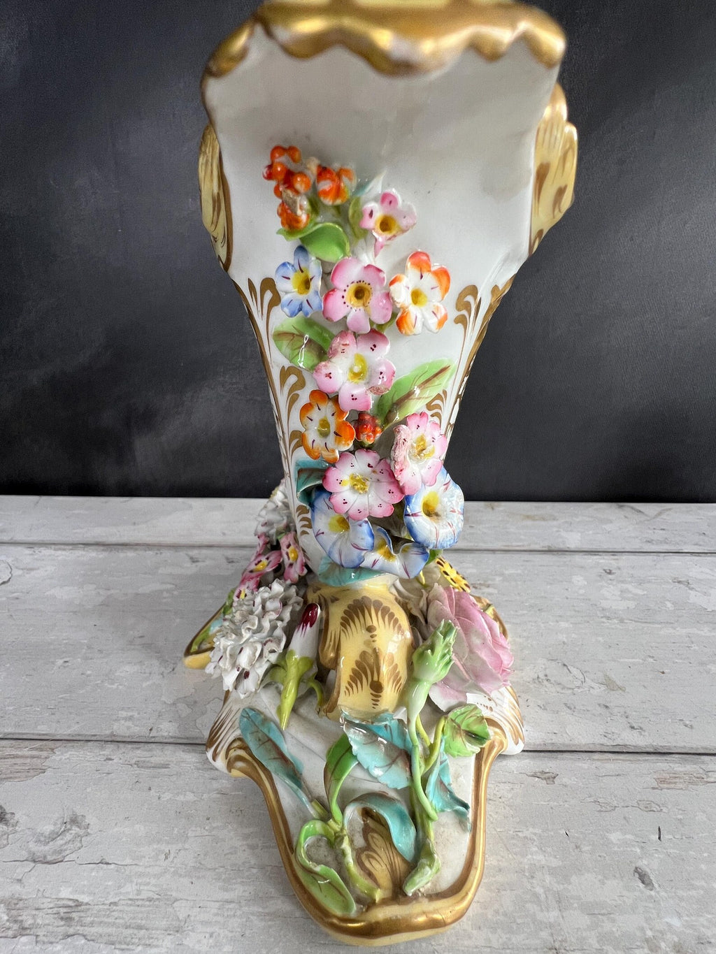 Antique Pair Coalbrookdale Coalport Porcelain Applied Decoration Floral Cornucopia Vases English C 1830 AF