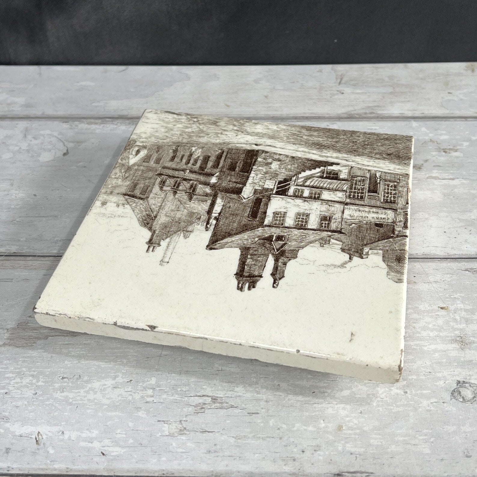 19th Century Victorian Minton Tile Trivet Stand of Old Edinburgh Scotland C 1865