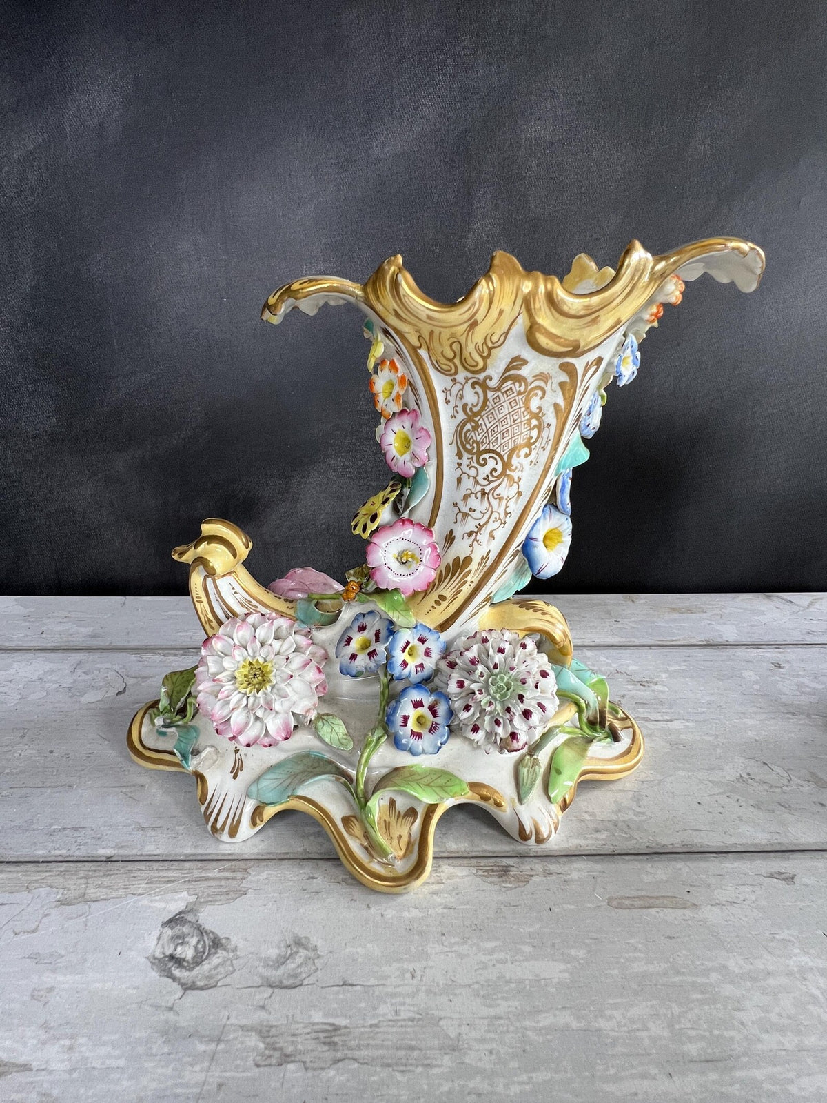 Antique Pair Coalbrookdale Coalport Porcelain Applied Decoration Floral Cornucopia Vases English C 1830 AF