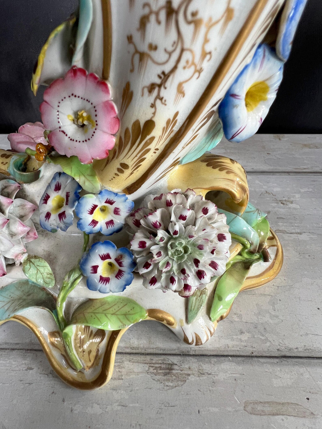 Antique Pair Coalbrookdale Coalport Porcelain Applied Decoration Floral Cornucopia Vases English C 1830 AF