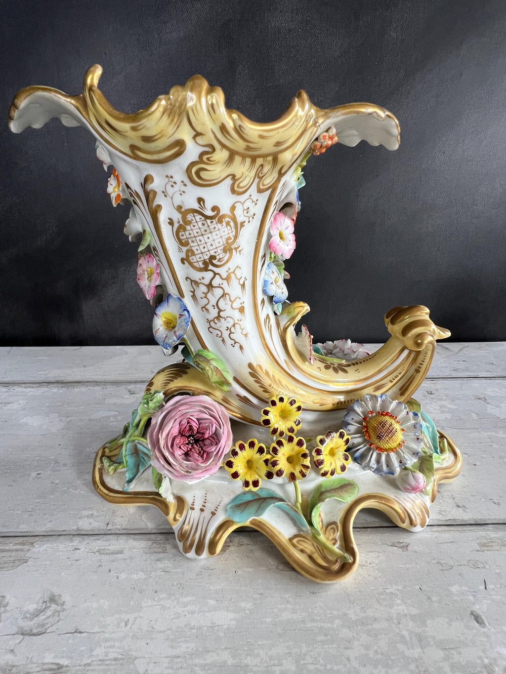 Antique Pair Coalbrookdale Coalport Porcelain Applied Decoration Floral Cornucopia Vases English C 1830 AF