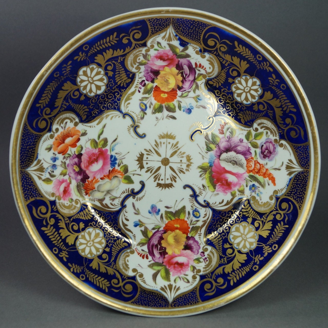 Antique English Porcelain Deep Plate Cobalt Blue Florals Regency Era Circa 1820
