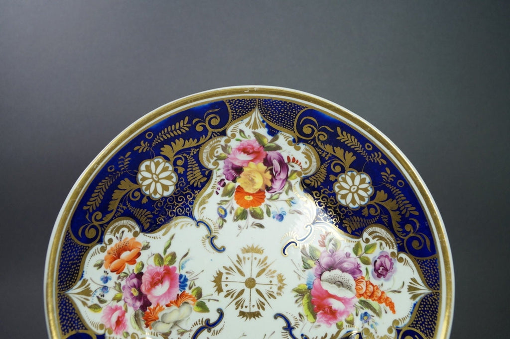 Antique English Porcelain Deep Plate Cobalt Blue Florals Regency Era Circa 1820
