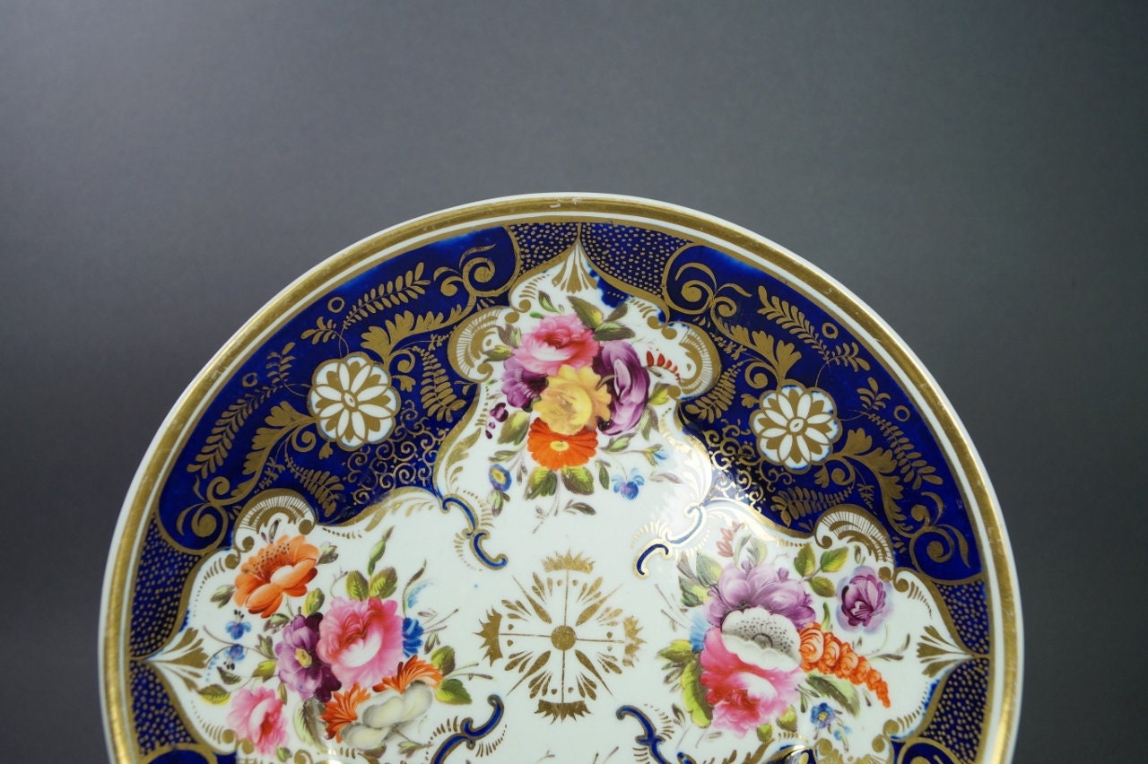 Antique English Porcelain Deep Plate Cobalt Blue Florals Regency Era Circa 1820