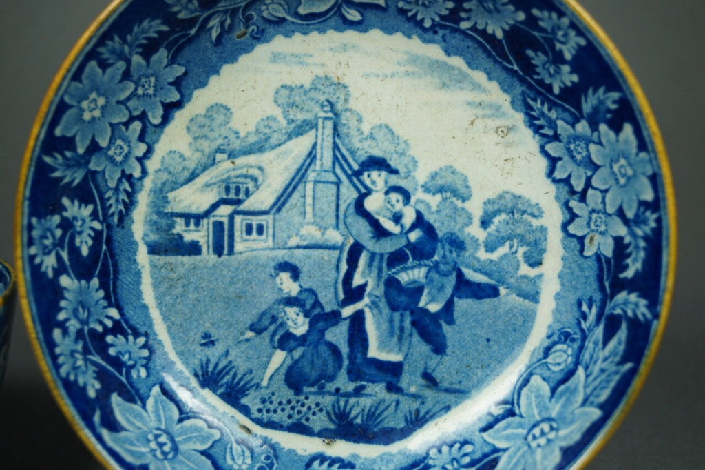 Antique Blue & White Transferware Tea Bowl and Saucer, 1810 Regency