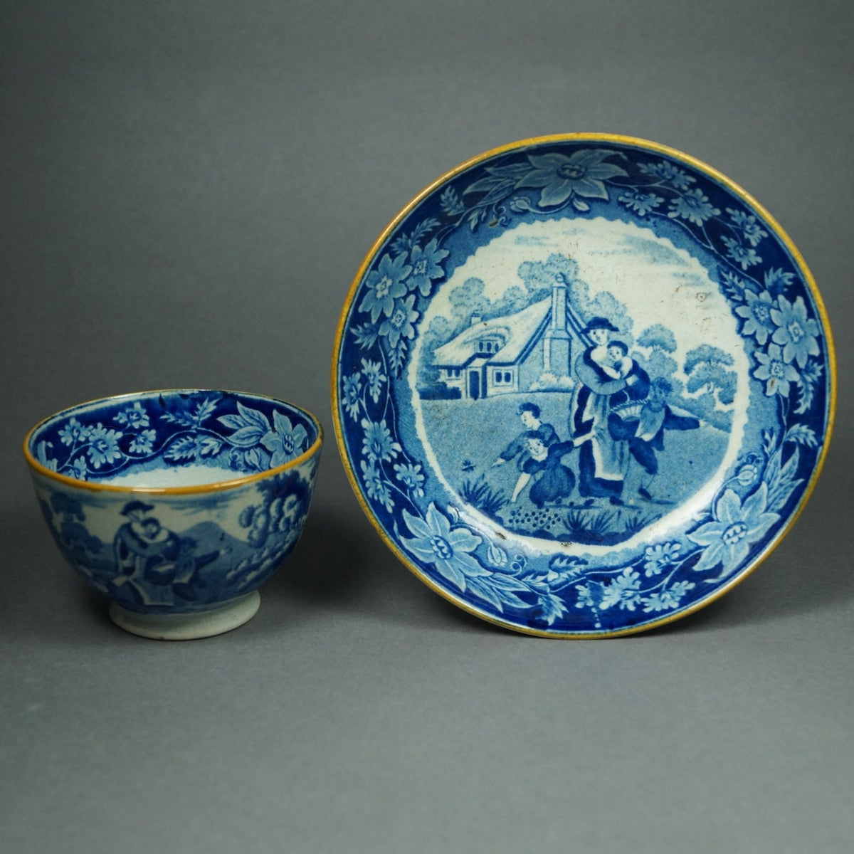 Antique Blue & White Transferware Tea Bowl and Saucer, 1810 Regency