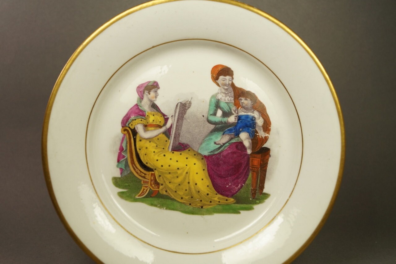 19th Century Adam Buck New Hall Porcelain Plate Mother and Child Regency Era
