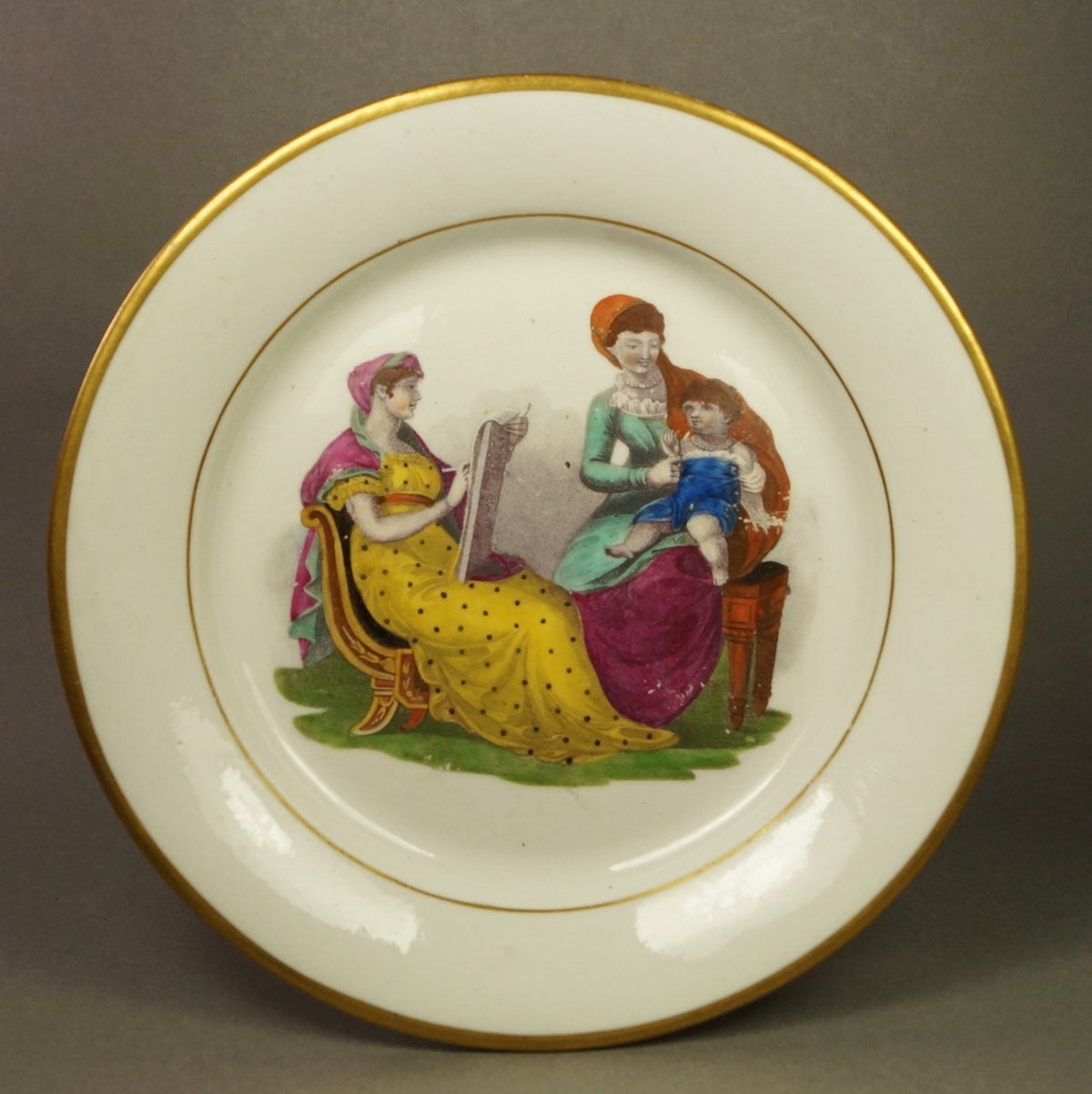 19th Century Adam Buck New Hall Porcelain Plate Mother and Child Regency Era