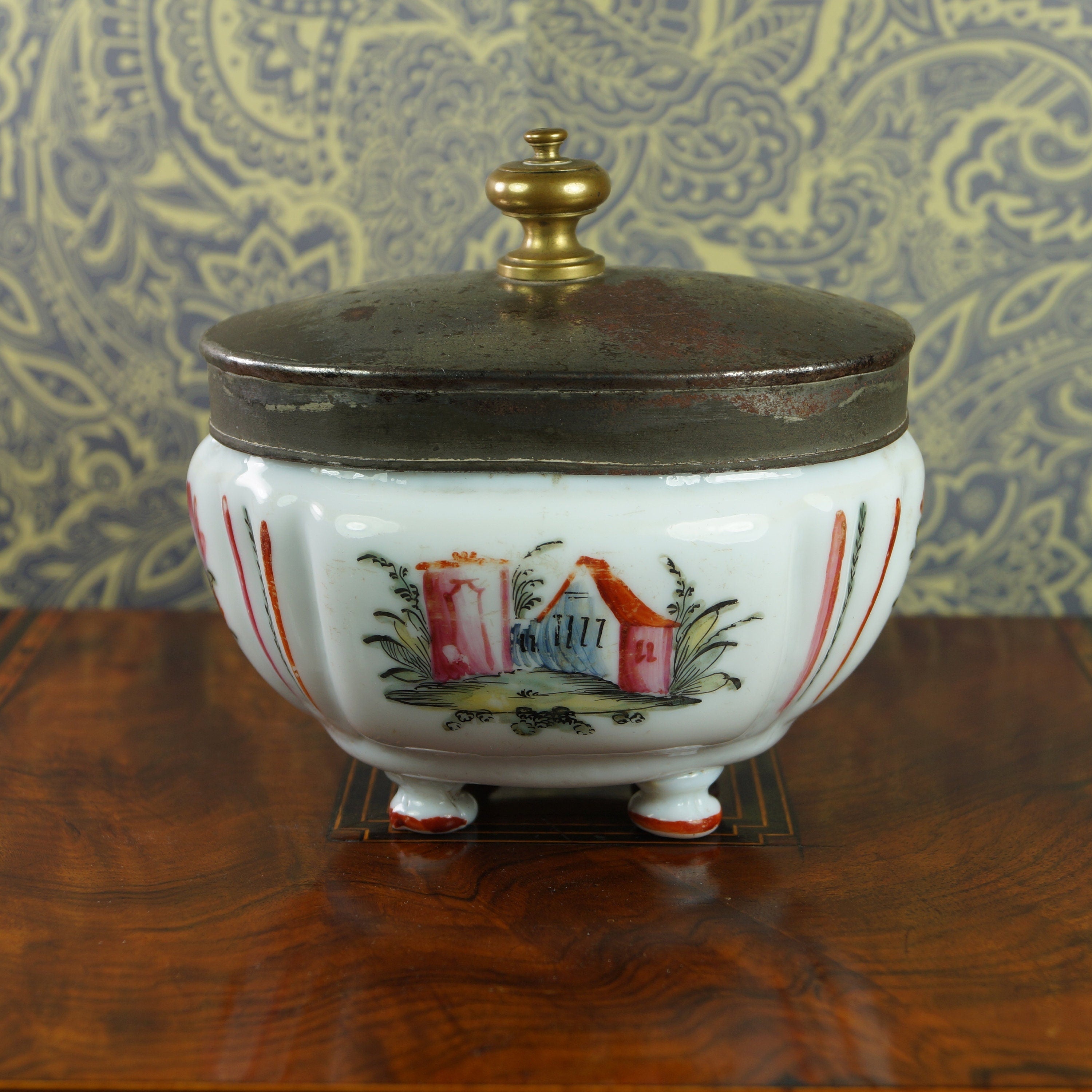 Make Do 18th Century Glass Sugar Box Sucrier Hand Enamelled Circa 1780