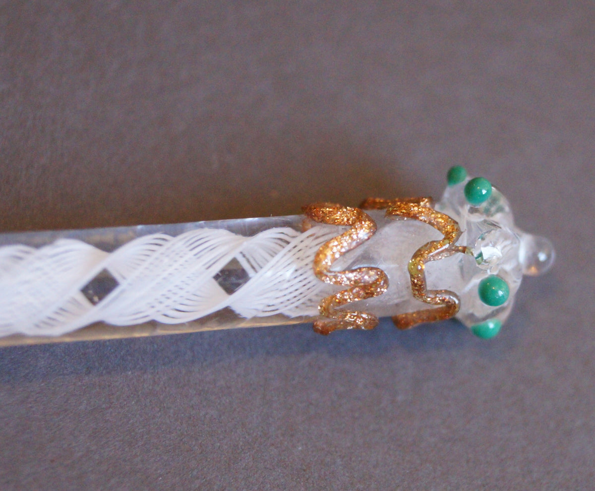 Antique Latticino Glass Dip Pen Victorian Era with Crown Finial