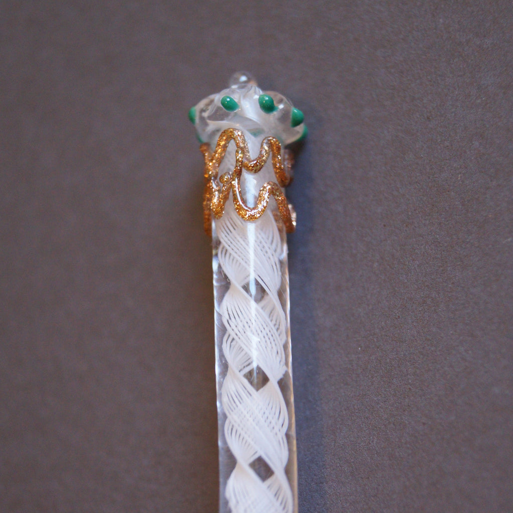 Antique Latticino Glass Dip Pen Victorian Era with Crown Finial
