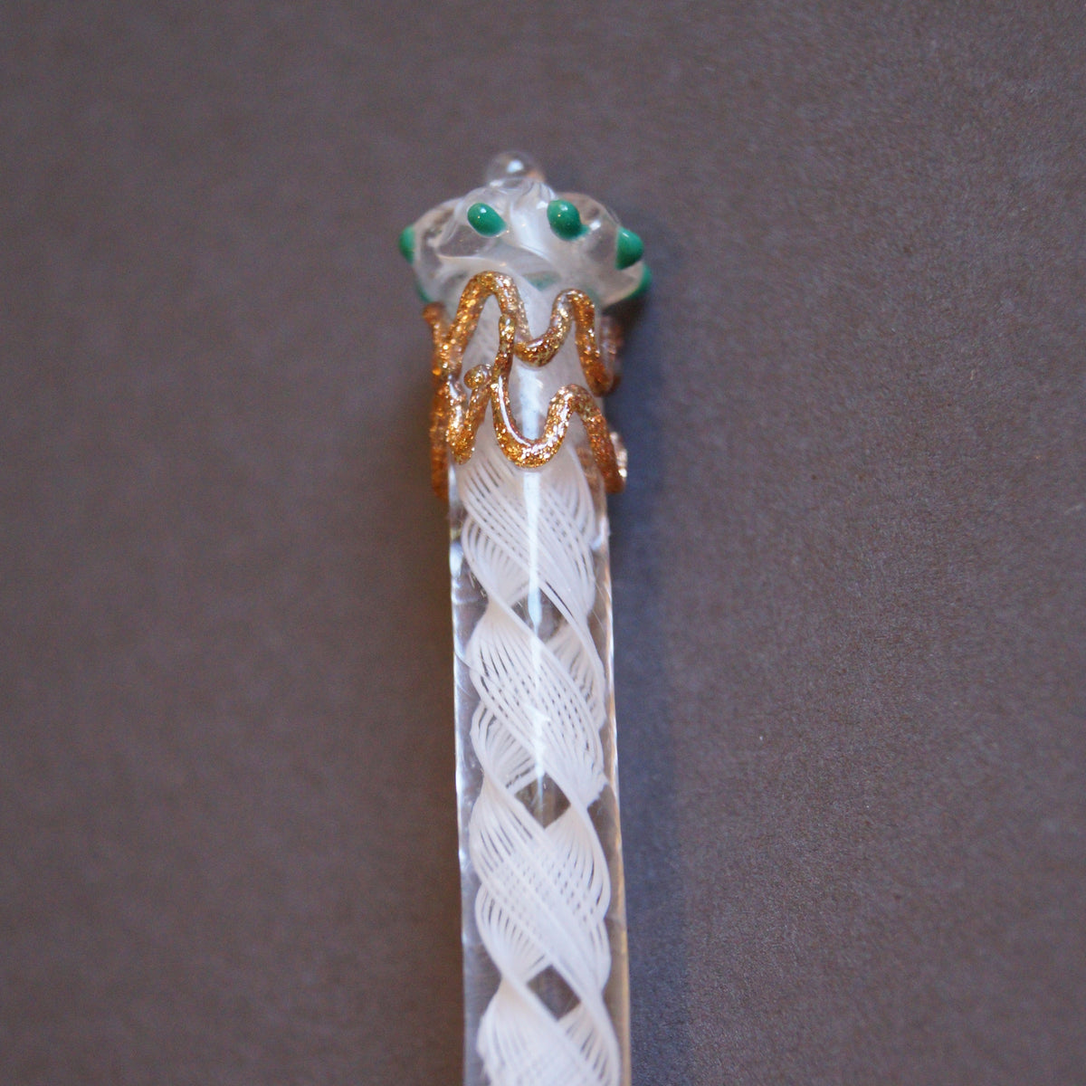 Antique Latticino Glass Dip Pen Victorian Era with Crown Finial