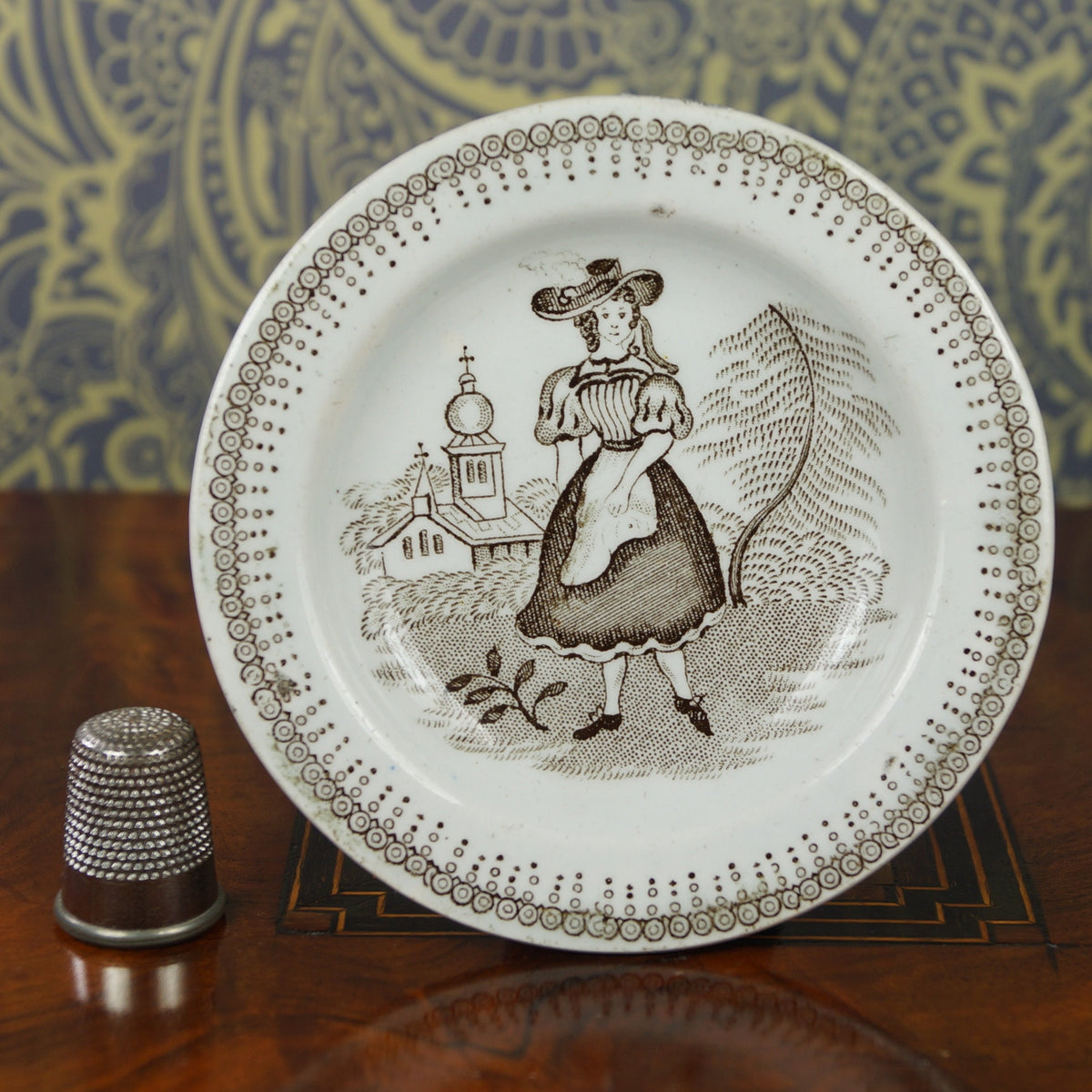 19th Century Miniature Childs Toy Plate Transferware Girl Church Circa 1830