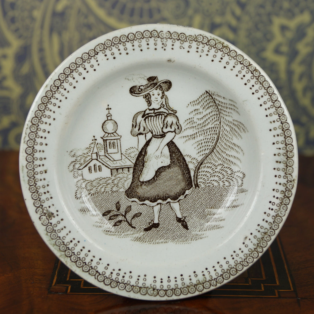 19th Century Miniature Childs Toy Plate Transferware Girl Church Circa 1830