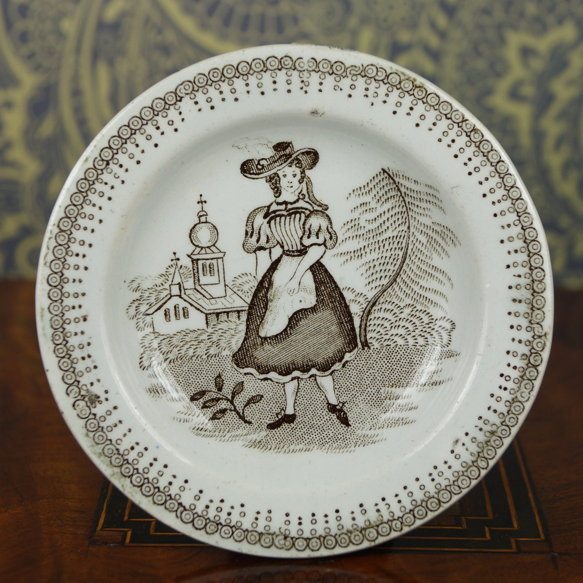 19th Century Miniature Childs Toy Plate Transferware Girl Church Circa 1830