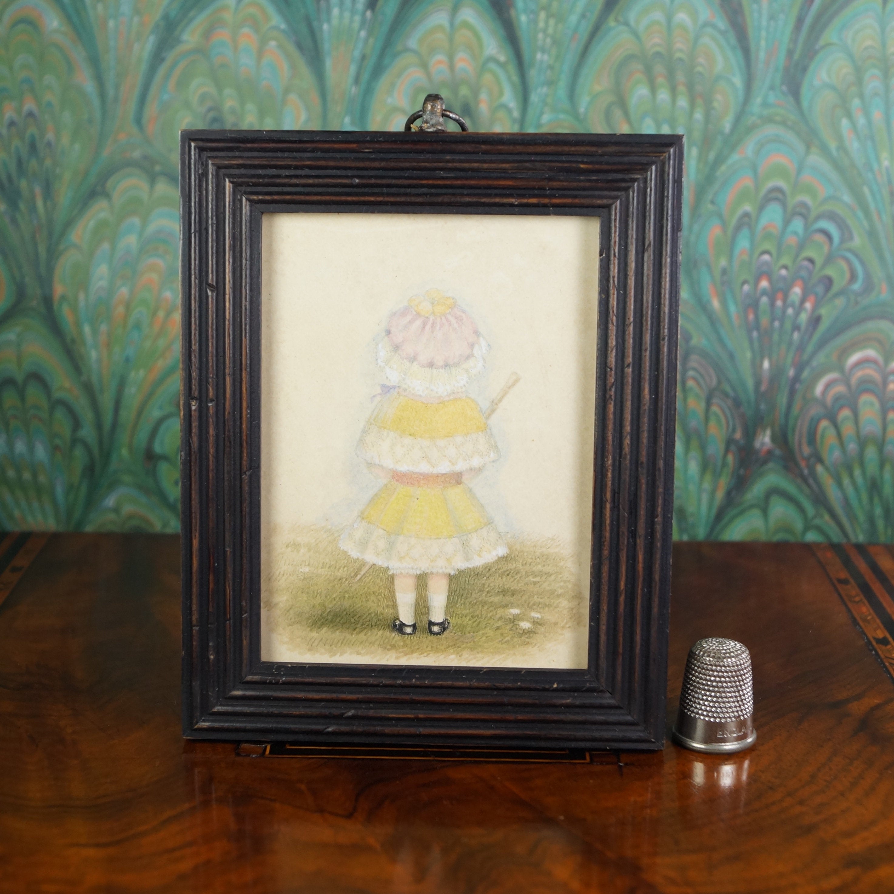 Victorian Portrait Miniature Painting Little Girl with Bonnet and Umbrella Circa 1880