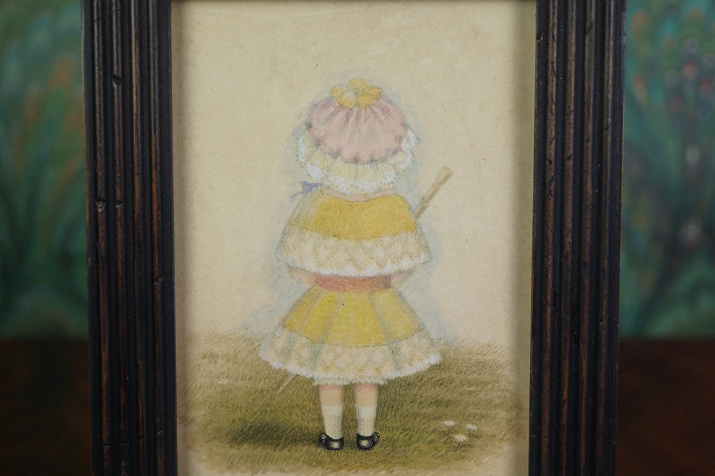 Victorian Portrait Miniature Painting Little Girl with Bonnet and Umbrella Circa 1880
