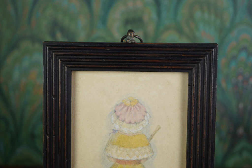 Victorian Portrait Miniature Painting Little Girl with Bonnet and Umbrella Circa 1880