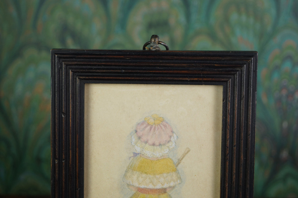 Victorian Portrait Miniature Painting Little Girl with Bonnet and Umbrella Circa 1880