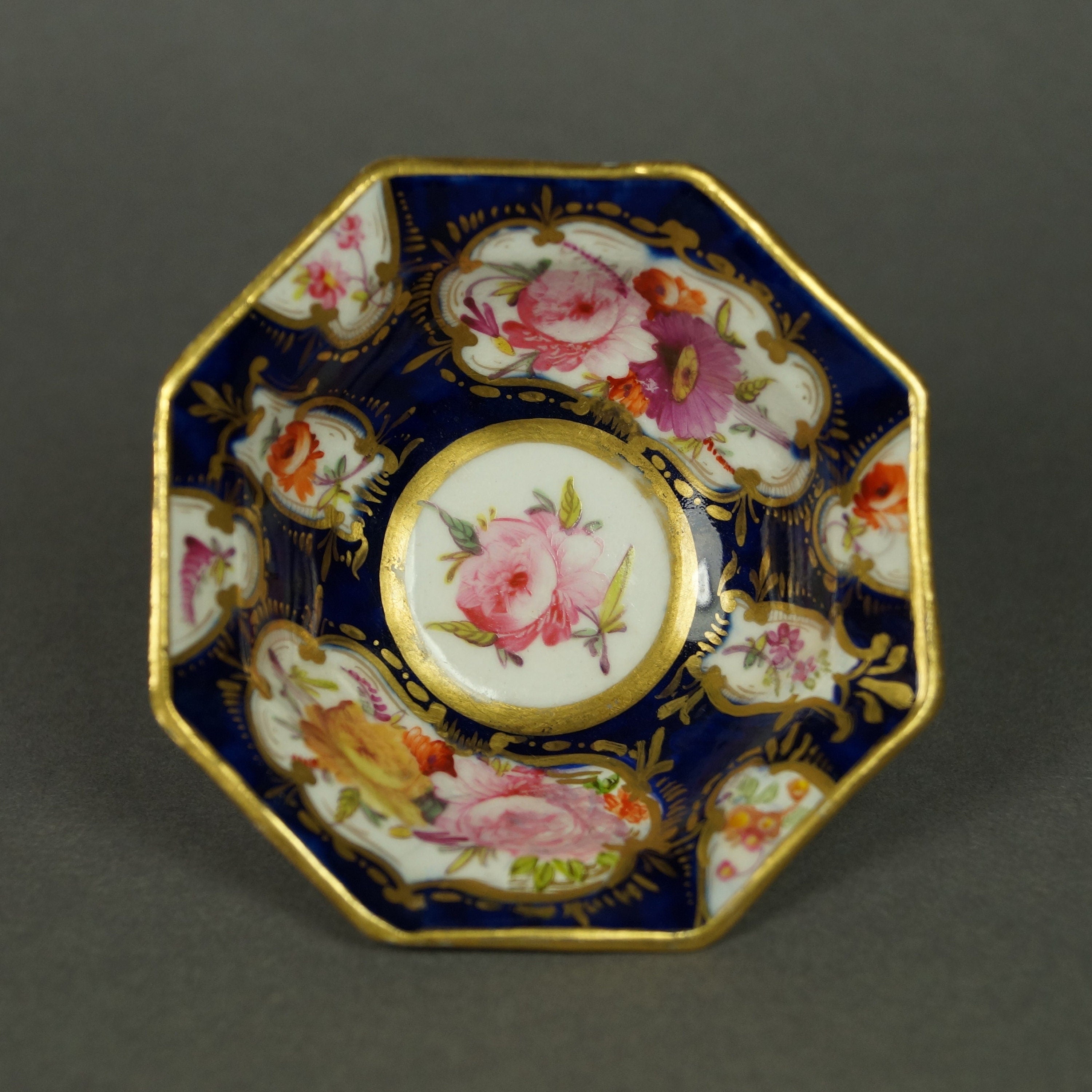 Miniature Doll Bowl Floral Cobalt Blue Coalport Porcelain English Circa 1820 Regency Era AF